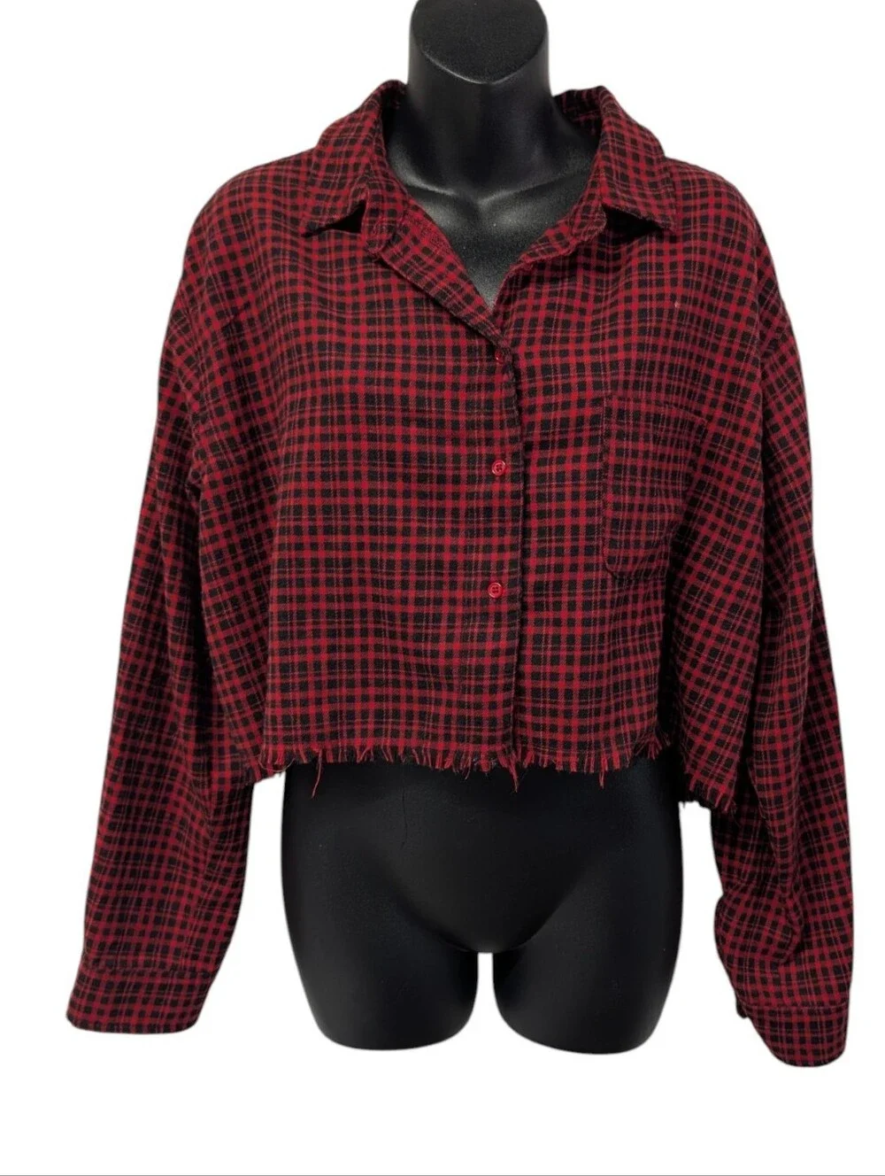 HYFVE Womens Red Black Plaid Collared Button-Up Fringe Cropped Shirt Sz L